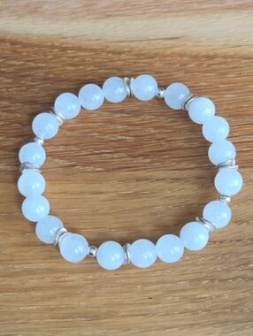 White Jade Beads Bracelet, Stretch, Hand Crafted